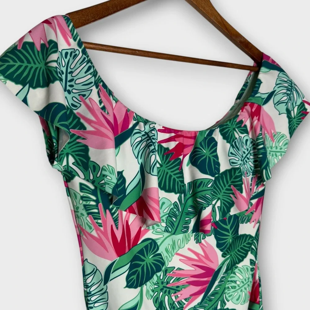 Matilda Jane Palm Tree Paradise One-Piece Ruffle Swimsuit Tropical Modest Large